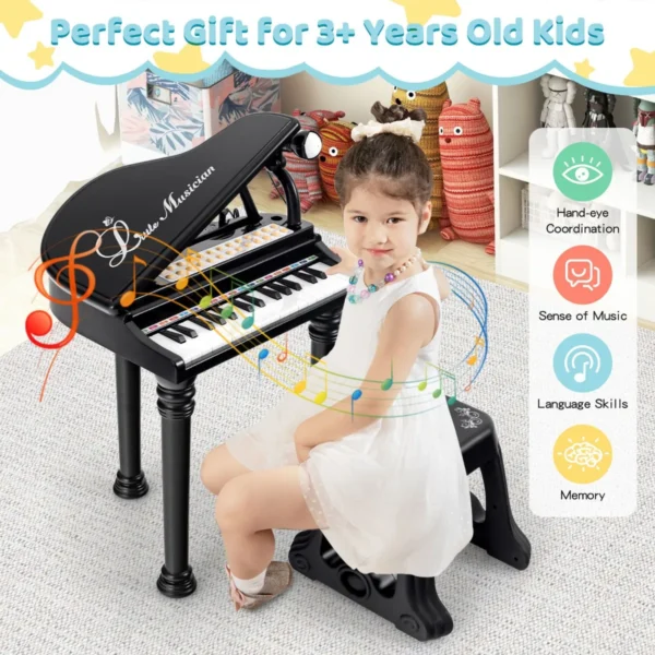 Toetsenbord voor kinderen 31 toetsen met kruk elektronisch pianotoetsenbord met microfoon led leer modus speelgoedpiano (zwart) 3