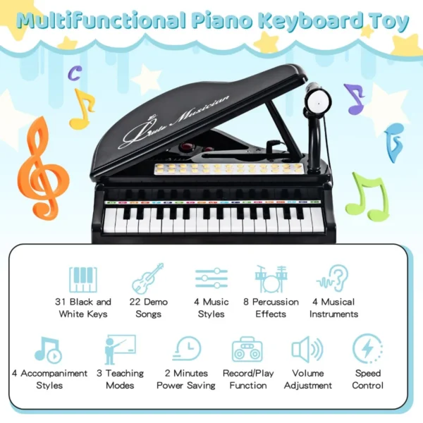 Toetsenbord voor kinderen 31 toetsen met kruk elektronisch pianotoetsenbord met microfoon led leer modus speelgoedpiano (zwart) 4