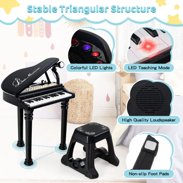 Toetsenbord voor kinderen 31 toetsen met kruk elektronisch pianotoetsenbord met microfoon led leer modus speelgoedpiano (zwart) 5