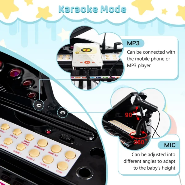 Toetsenbord voor kinderen 31 toetsen met kruk elektronisch pianotoetsenbord met microfoon led leer modus speelgoedpiano (zwart) 6
