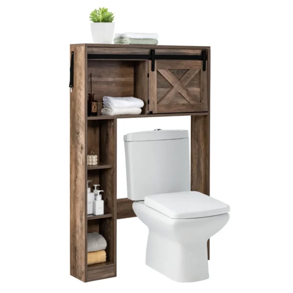 Toiletkast met schuifdeur toiletrek hout badkamerrek badkamerorganizer vrijstaand bovenbouwkast wasmachinerek (bruin) 2