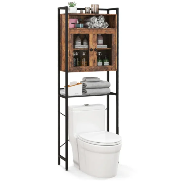 Toiletkast vrijstaand badkamerrek met dubbele deur wasmachinerek toiletrek wc kast bovenkast verstelbare plankplaat 60 x 24 x 172 cm 1