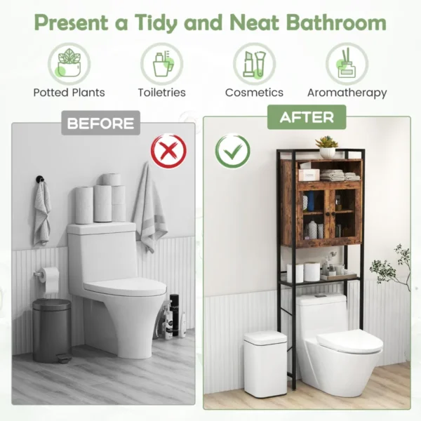 Toiletkast vrijstaand badkamerrek met dubbele deur wasmachinerek toiletrek wc kast bovenkast verstelbare plankplaat 60 x 24 x 172 cm 3
