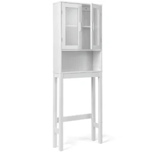 Toiletopbergkast toiletrek met verstelbare plank open opbergruimte en matglazen deuren vrijstaand badkamerrek wit 1