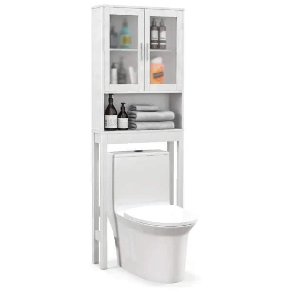 Toiletopbergkast toiletrek met verstelbare plank open opbergruimte en matglazen deuren vrijstaand badkamerrek wit 2