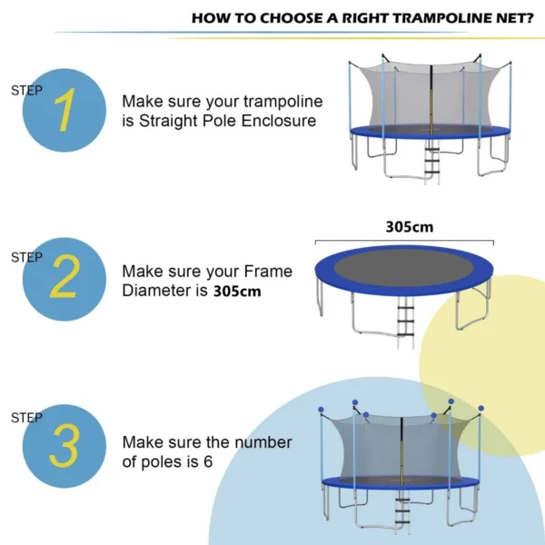 Trampoline veiligheidsnet vervanging beschermende netten met dubbel gekoppelde rits & beschermende gespen diameter 305 cm 6