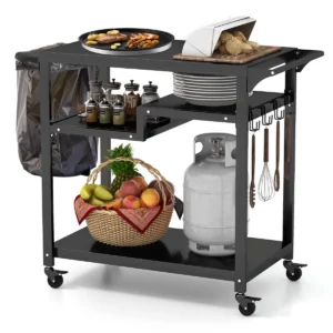 Trolley voor buitenbarbecue dubbele mobiele keukenwagen met 3 planken 4 vergrendelbare wielen haken handgreep aan zijkant 1