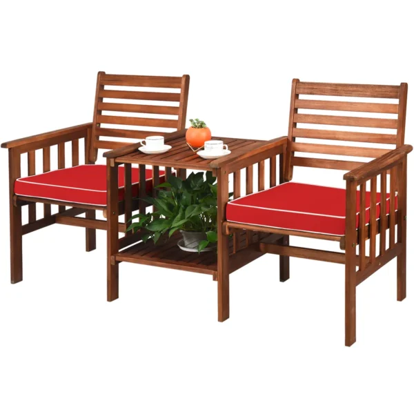 Tuinbank hout met dubbele zitting en bijzettafel houten bank tot 350 kg zitbank incl. kussen & parasolgat acaciahout kwaliteit rood 2