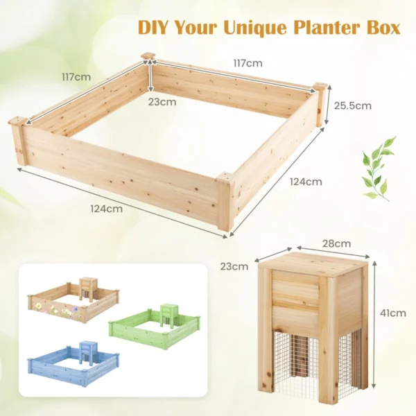 Tuinbed met open bodem houten plantensetmet compostbak voor groenten bloemen vierkant plantbed voor tuin moestuin 124x124x25,5cm 3