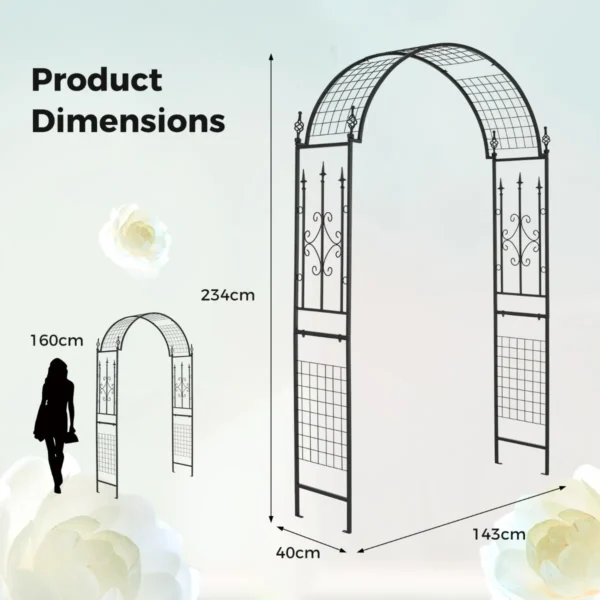 Tuinboog met trellis metalen poortboog met klassieke decoraties & 4 grondpennen plantensteun in boogvorm achtergronddecoratie 3