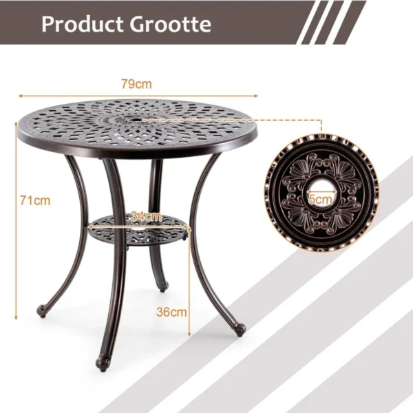 Tuintafel met parasolgat en onderste plank ronde balkontafel van gegoten aluminium weerbestendige terrastafel voor tuin balkon terras 3