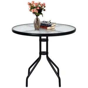 Tuintafel met tafelblad van gehard glas terrastafel met parasolgat en metalen frame ronde balkontafel buiten eettafel voor binnenplaats 1