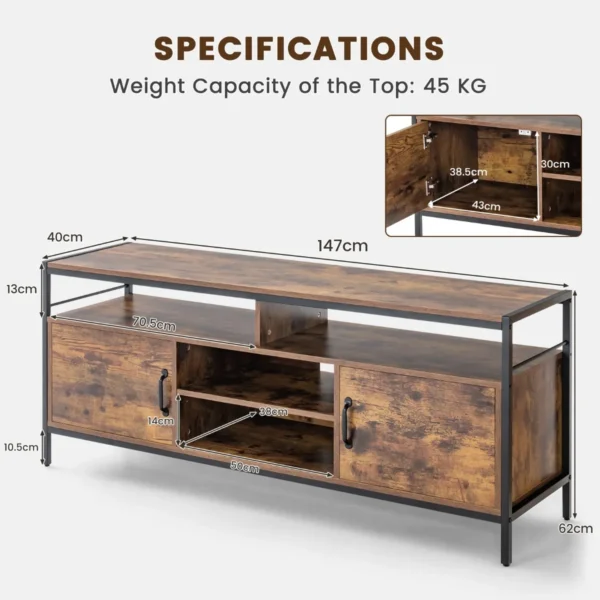 Tv kast lowboard voor televisie tot 65 inch televisietafel met 2 deuren en open vakken vintage bruin 147 x 40 x 62 cm draagvermogen 120kg 2