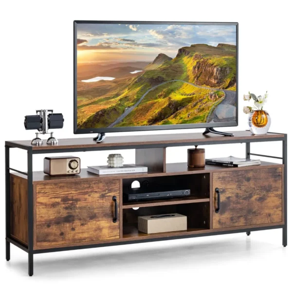 Tv kast lowboard voor televisie tot 65 inch televisietafel met 2 deuren en open vakken vintage bruin 147 x 40 x 62 cm draagvermogen 120kg 3