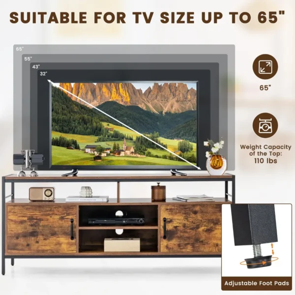 Tv kast lowboard voor televisie tot 65 inch televisietafel met 2 deuren en open vakken vintage bruin 147 x 40 x 62 cm draagvermogen 120kg 4