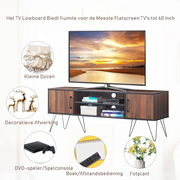 Tv kast met 2 deuren & 2 open schappen & kabelmanagement gaten voor tv's tot 60 inch walnoot 3