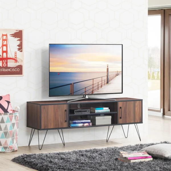 Tv kast met 2 deuren & 2 open schappen & kabelmanagement gaten voor tv's tot 60 inch walnoot 7