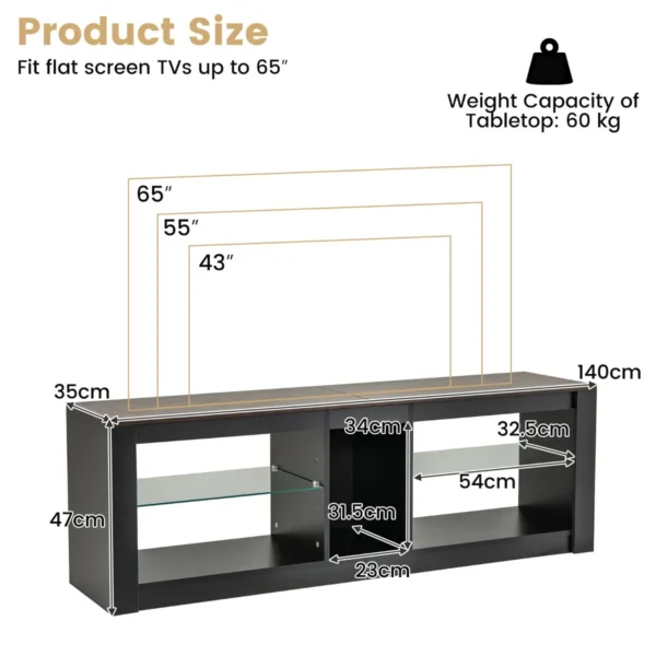 Tv kast met ledverlichting televisietafel voor tv's tot 65 inch tv kast met 2 verstelbare glazen planken en open vak lowboard tv rek 3