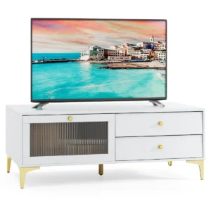 Tv meubel voor 55 inch tv tv console met opklapbare deur van gehard glas en metalen poten modern entertainmentcentrum lichtgrijs 1