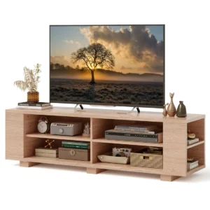 Tv standaard met 6 vakken tv bank voor tv's tot 65" 4 kabelmanagementgaten verstelbare planken 150 x 39 x 45 cm natuur 1