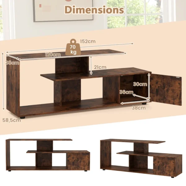 Tv standaard voor tv's tot 55" 3 laags asymmetrische media eenheid planken kast 5 poten entertainmentcentrum bruin 4