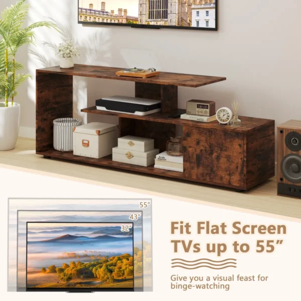 Tv standaard voor tv's tot 55" 3 laags asymmetrische media eenheid planken kast 5 poten entertainmentcentrum bruin 6