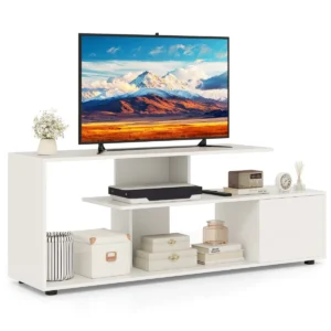 Tv standaard voor tv's tot 55" 3 laags asymmetrische media eenheid planken kast 5 poten entertainmentcentrum wit 1