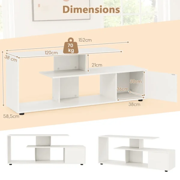 Tv standaard voor tv's tot 55" 3 laags asymmetrische media eenheid planken kast 5 poten entertainmentcentrum wit 4