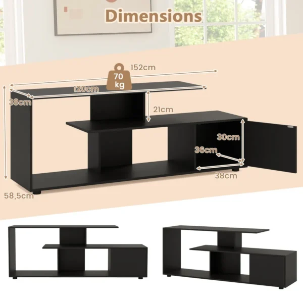 Tv standaard voor tv's tot 55" 3 laags asymmetrische media eenheid planken kast 5 poten entertainmentcentrum zwart 4