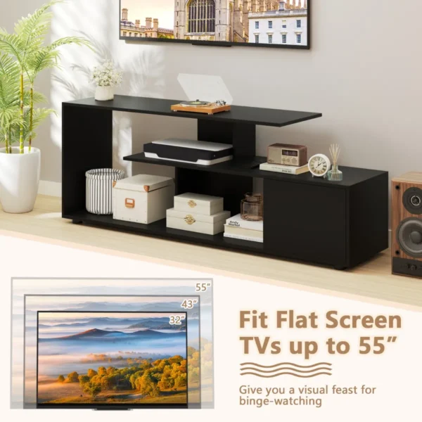 Tv standaard voor tv's tot 55" 3 laags asymmetrische media eenheid planken kast 5 poten entertainmentcentrum zwart 7