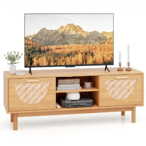 Tv standaard voor tv's tot 55 inch moderne mediaconsoletafel met open planken en laden van bamboeweefsel en houten poten 1