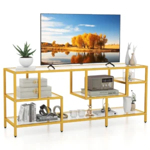 Tv standaard voor tv's tot 65 inch consoletafel met groot blad en 4 gehard glazen planken modern entertainmentcentrum voor woonkamer 1