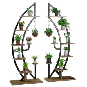 Twee 7 lagen hoge metalen plantenrek gebogen halve maan vorm ladder plantenrek moderne bloempot houder binnen metalen bloemenrek 1