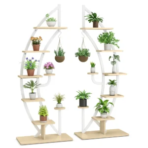 Twee 7 lagen hoge metalen plantenrek gebogen halve maan vorm ladder plantenrek moderne bloempot houder wit 1