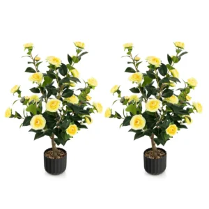 Twee 95 cm kunstcamelia kunstplant met nepbloemen in een cementpot nepbloemenplant winkeldecoratie kantoordecoratie (2 , geel） 1