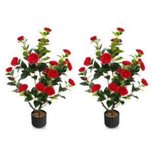 Twee 95 cm kunstcamelia kunstplant met nepbloemen in een cementpot nepbloemenplant winkeldecoratie kantoordecoratie (2, rood） 1