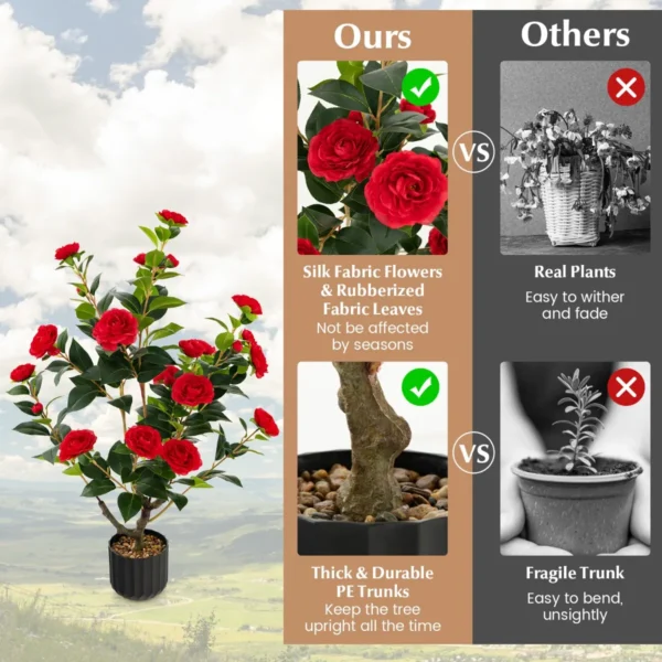 Twee 95 cm kunstcamelia kunstplant met nepbloemen in een cementpot nepbloemenplant winkeldecoratie kantoordecoratie (2, rood） 6