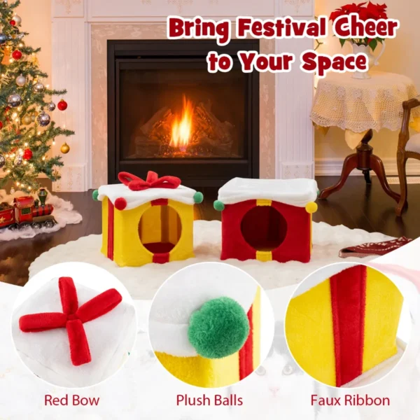 Twee verdiepingen tellend kerstkattenhuis stapelbare geschenkdoosvormige kattenunits met strik modern en warm kattenbed 5