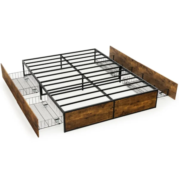 Tweepersoonsbed frame slijtvast metalen bed met 4 laden houten voeteneinde rustiek bruin 2