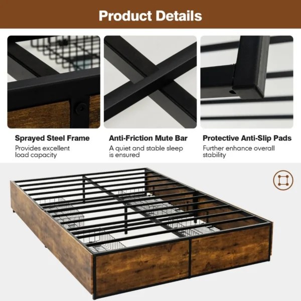 Tweepersoonsbed frame slijtvast metalen bed met 4 laden houten voeteneinde rustiek bruin 7