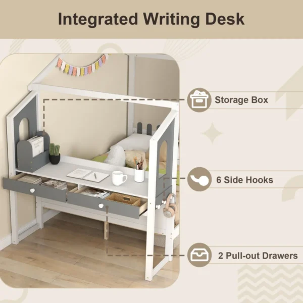 Tweepersoonsbed met bureau houten platformbed met hekvormig hoofdeinde lattenbodem met 18 houten latten 200 x 140 cm 3