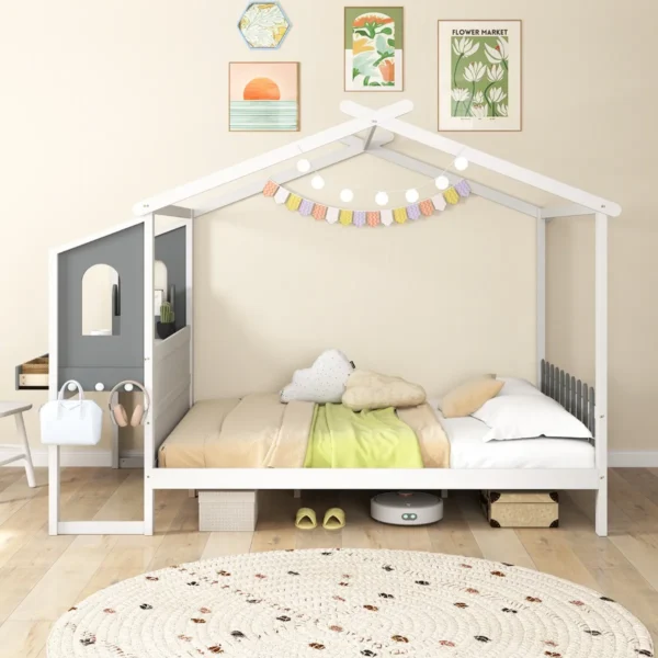 Tweepersoonsbed met bureau houten platformbed met hekvormig hoofdeinde lattenbodem met 18 houten latten 200 x 140 cm 7