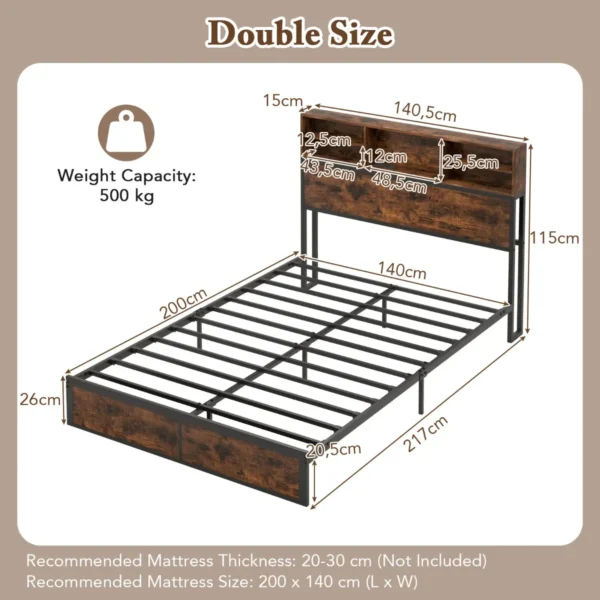 Tweepersoonsbedframe 200 x 140 cm met laadstation stevig metalen platformbed met hoofdbord met opbergruimte lattenbodem bruin 2