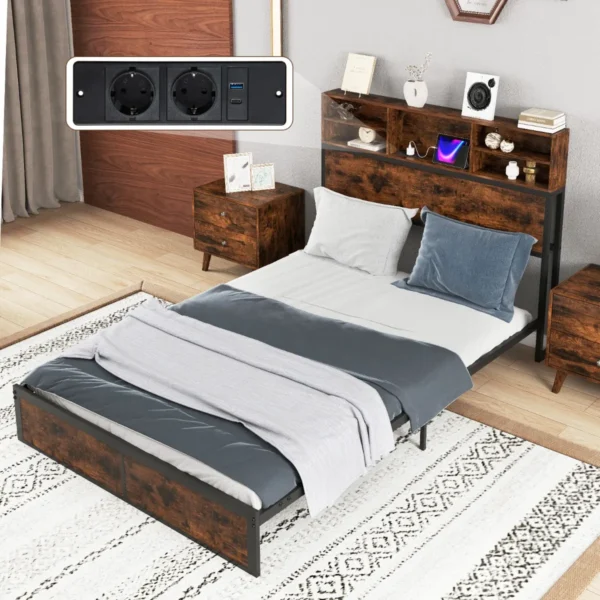 Tweepersoonsbedframe 200 x 140 cm met laadstation stevig metalen platformbed met hoofdbord met opbergruimte lattenbodem bruin 3