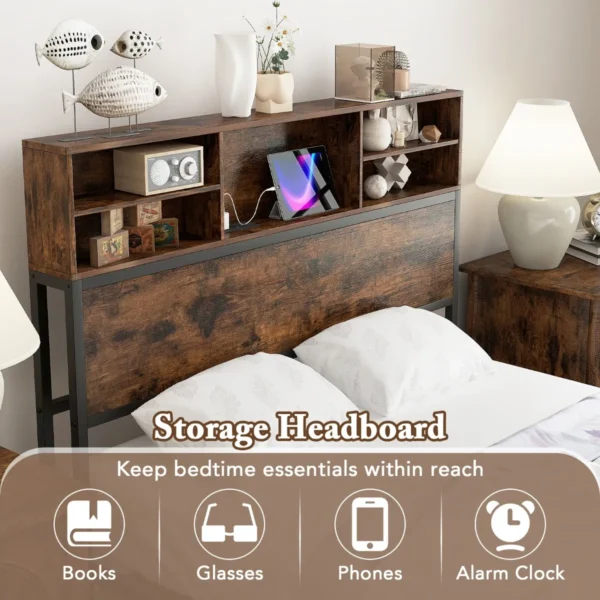 Tweepersoonsbedframe 200 x 140 cm met laadstation stevig metalen platformbed met hoofdbord met opbergruimte lattenbodem bruin 5