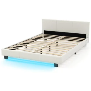 Tweepersoonsbedframe met hoofd & voetbord gestoffeerd platformbed met led verlichting bedframe met houten lattenbodem wit 1