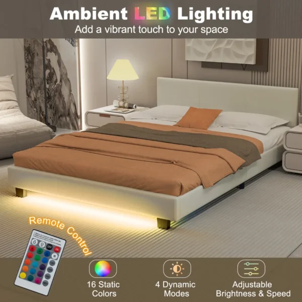 Tweepersoonsbedframe met hoofd & voetbord gestoffeerd platformbed met led verlichting bedframe met houten lattenbodem wit 3