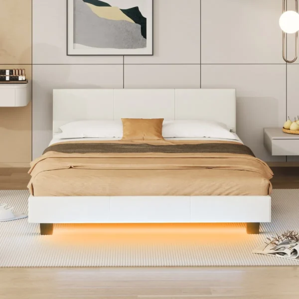 Tweepersoonsbedframe met hoofd & voetbord gestoffeerd platformbed met led verlichting bedframe met houten lattenbodem wit 7
