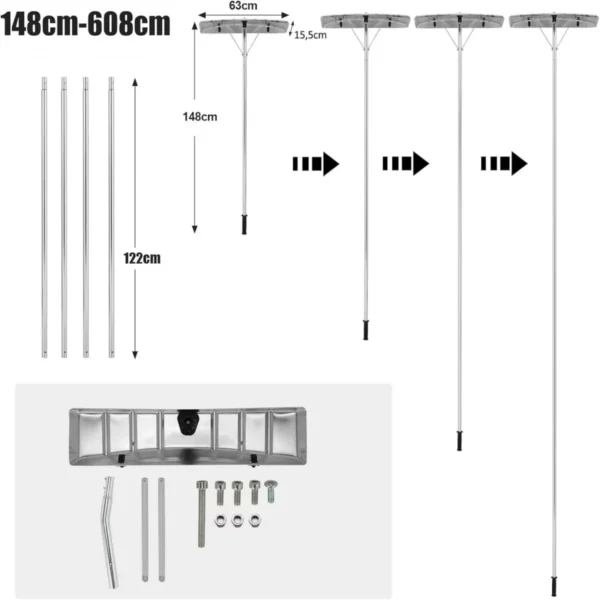 Uitschuifbare sneeuwhark van 148 608 cm aluminium sectionaal sneeuwruimgereedschap 1 stang en 4 verlengstukken blad van 63 cm 2 rollen 3