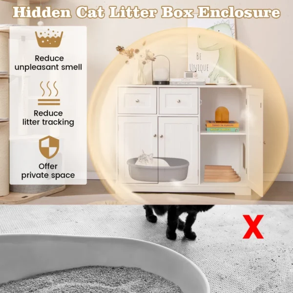 Verborgen kattenbakkast met opbergruimte houten kattenkast met 3 deuren en 2 lades anti kantelsets binnenmeubilair voor katten 5